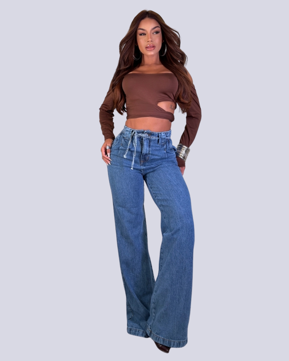 Calça Wide Leg Jeans 100% Lena