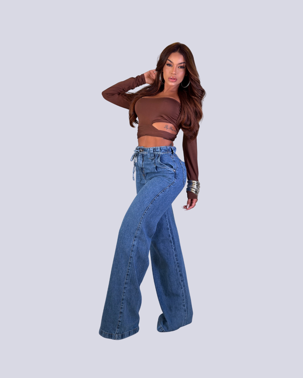 Calça Wide Leg Jeans 100% Lena