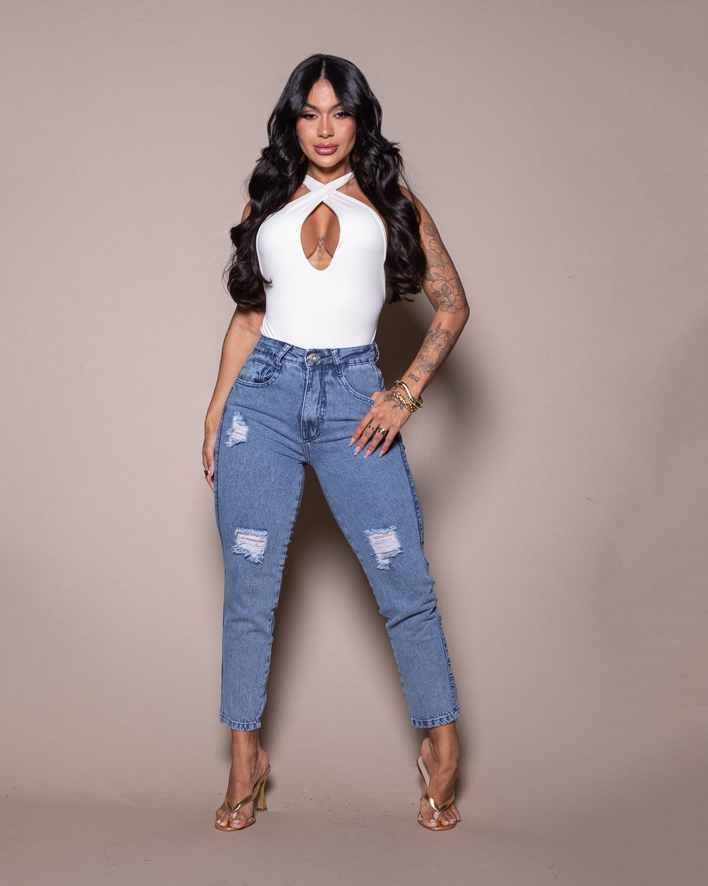 Calça Mom Double Jeans Poliana 
 MARMORIZADO