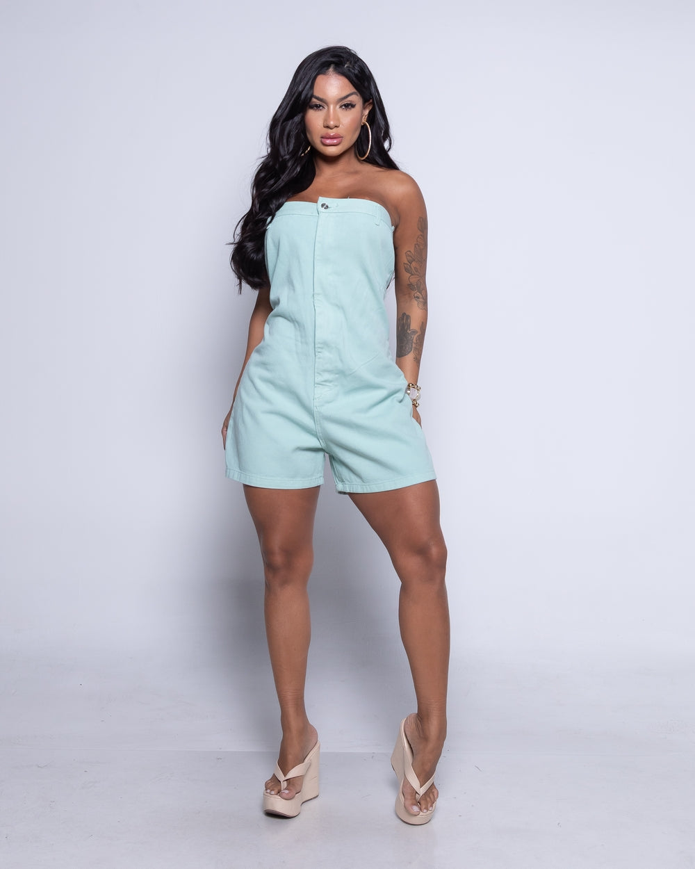 Macaquinho Tomara que Caia Jeans 100% Vida