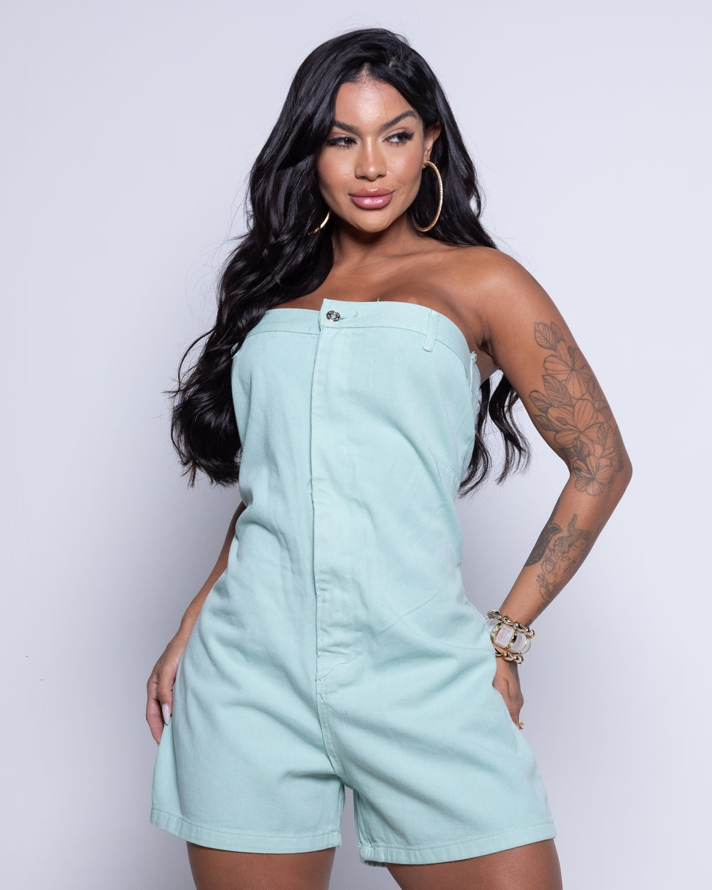 Macaquinho Tomara que Caia Jeans 100% Vida