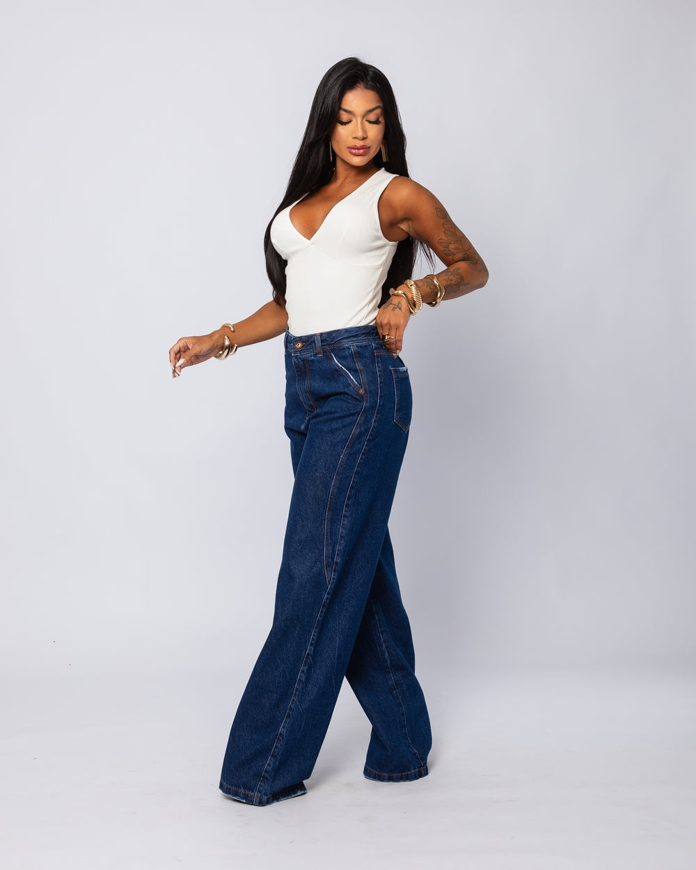 Calça Wide Leg Jeans 100% Heloisa