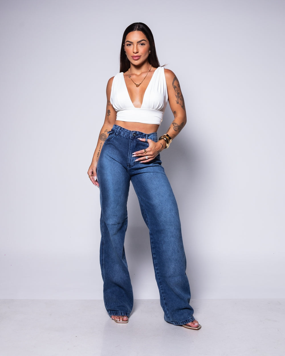 Calça Wide Leg Jeans 100% Raquel