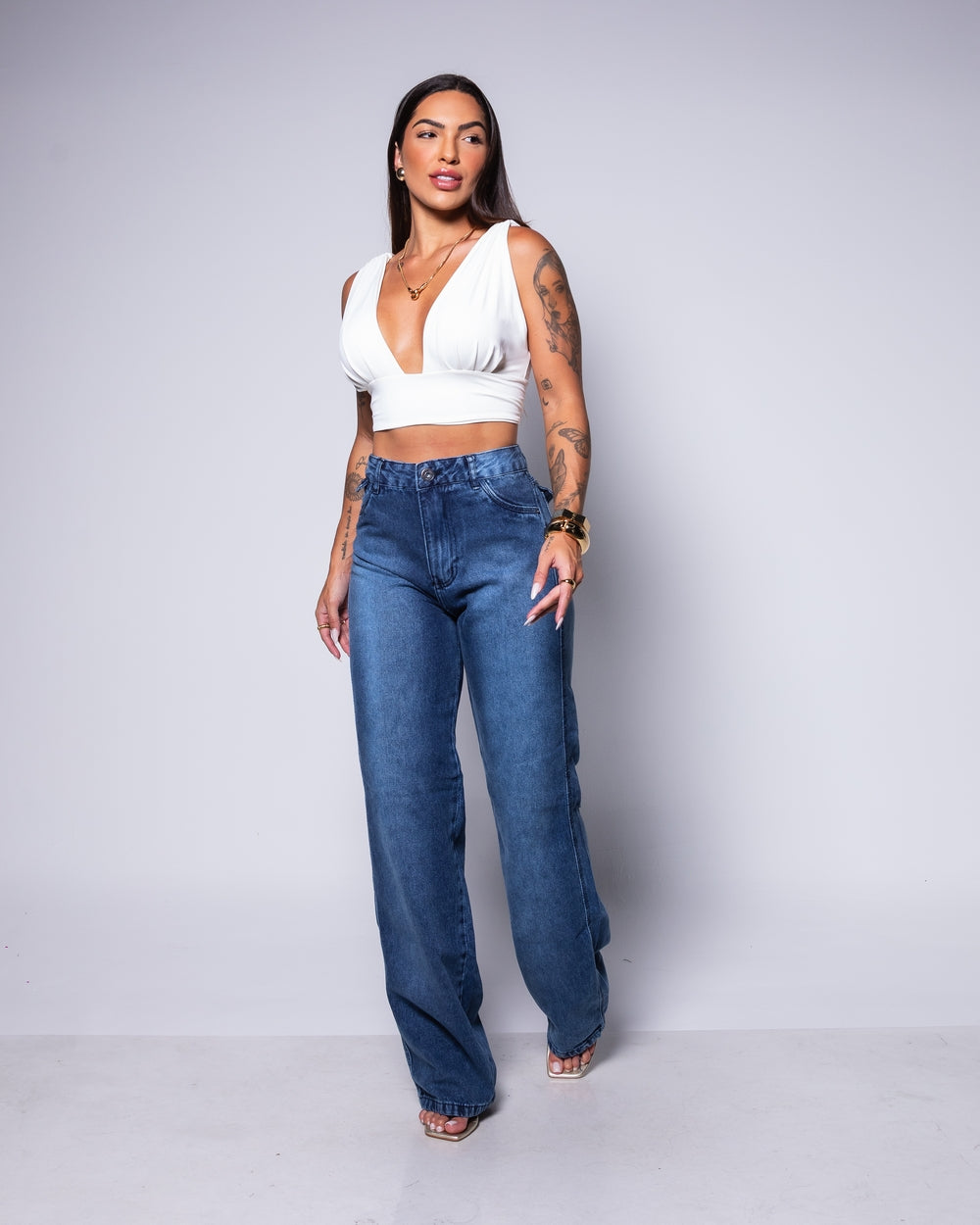 Calça Wide Leg Jeans 100% Raquel