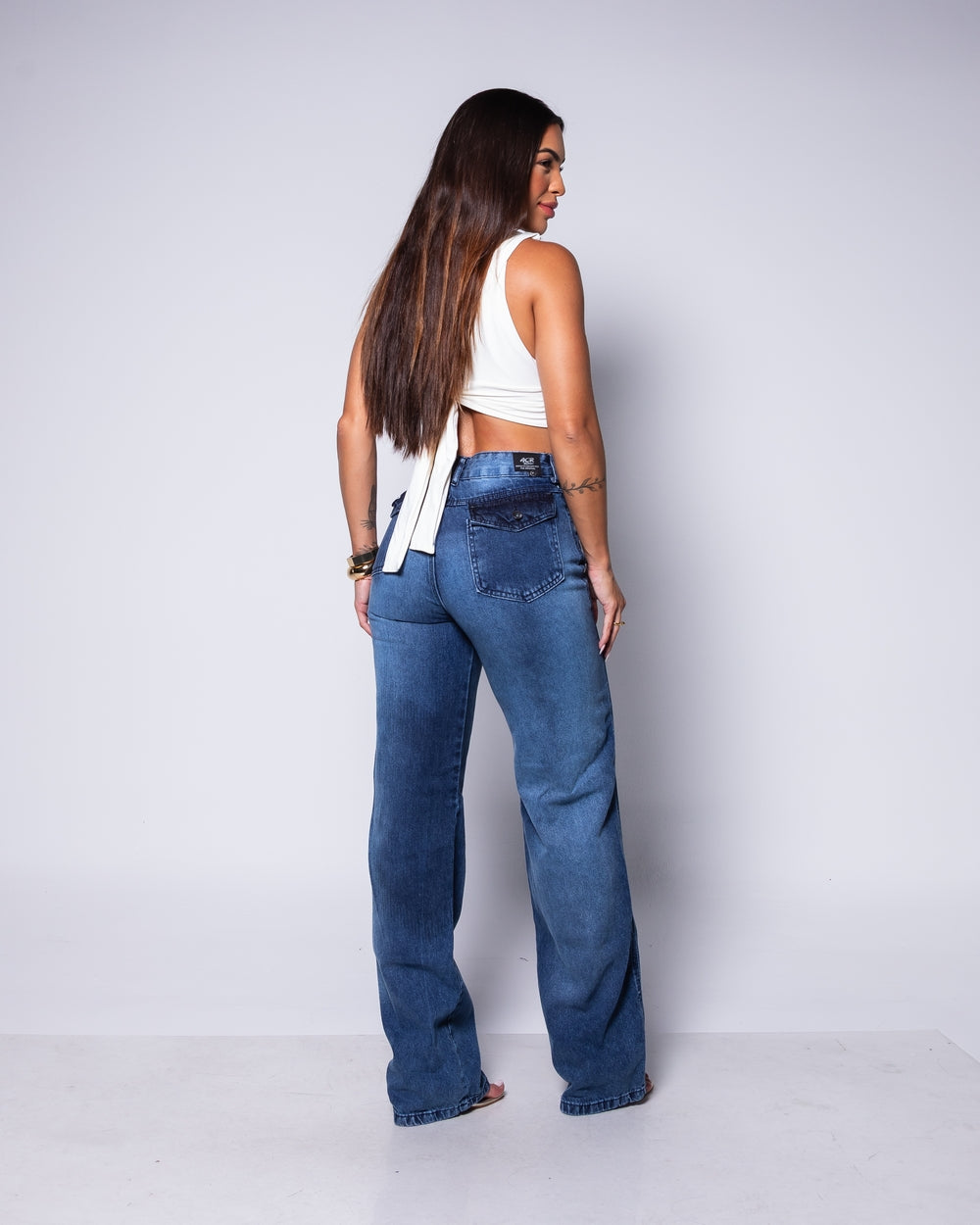 Calça Wide Leg Jeans 100% Raquel