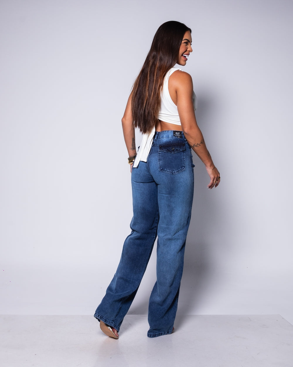 Calça Wide Leg Jeans 100% Raquel