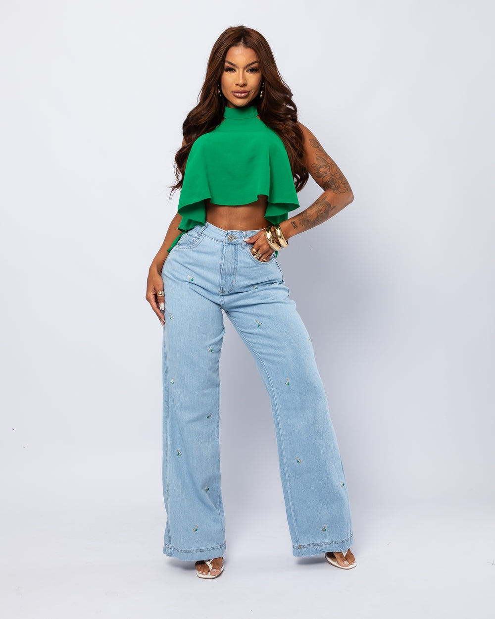 Calça Wide Leg Jeans 100% Katia