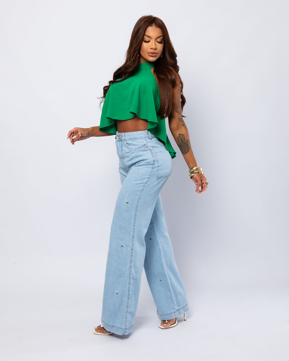 Calça Wide Leg Jeans 100% Katia