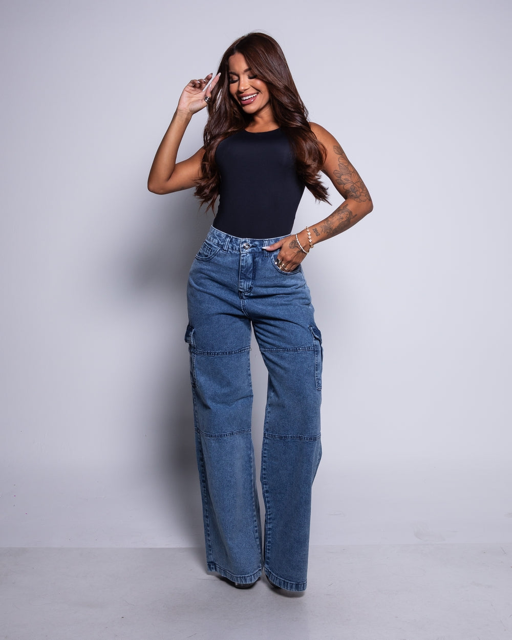 Calça Wide Leg Jeans 100% Luiza