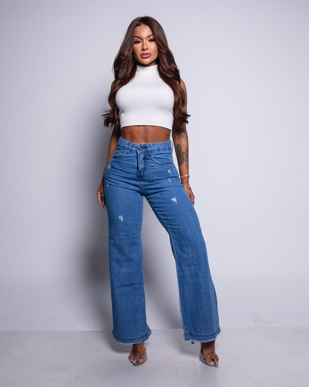 Calça Wide Leg Jeans 100% Monaliza