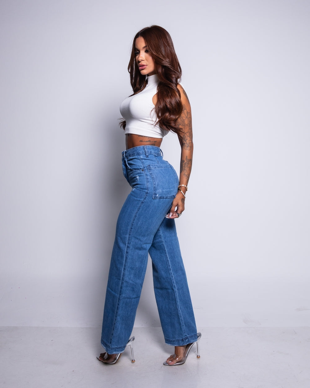 Calça Wide Leg Jeans 100% Monaliza