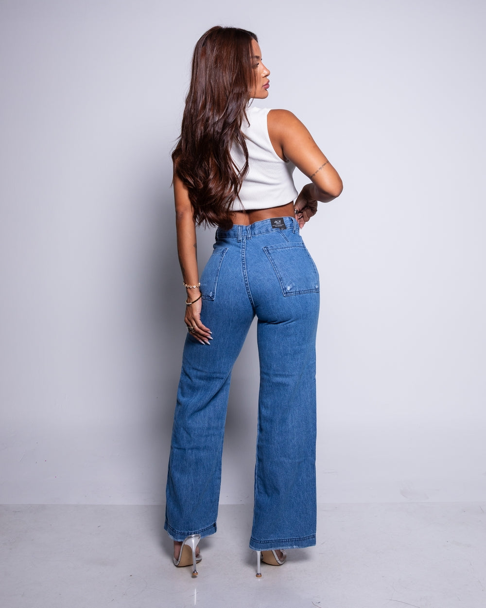 Calça Wide Leg Jeans 100% Monaliza
