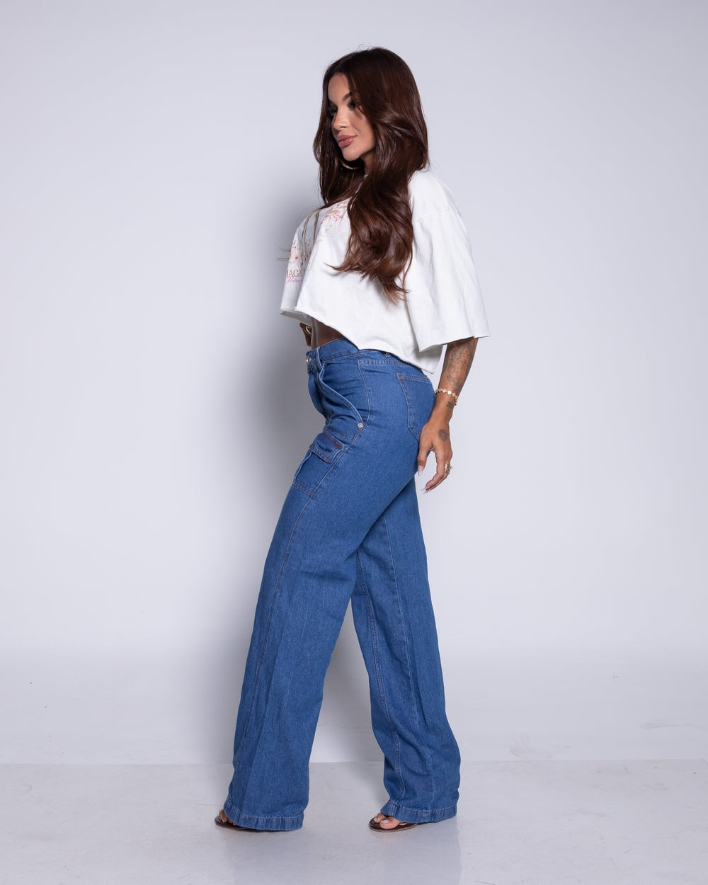 Calça Wide Leg Jeans 100% Madalena