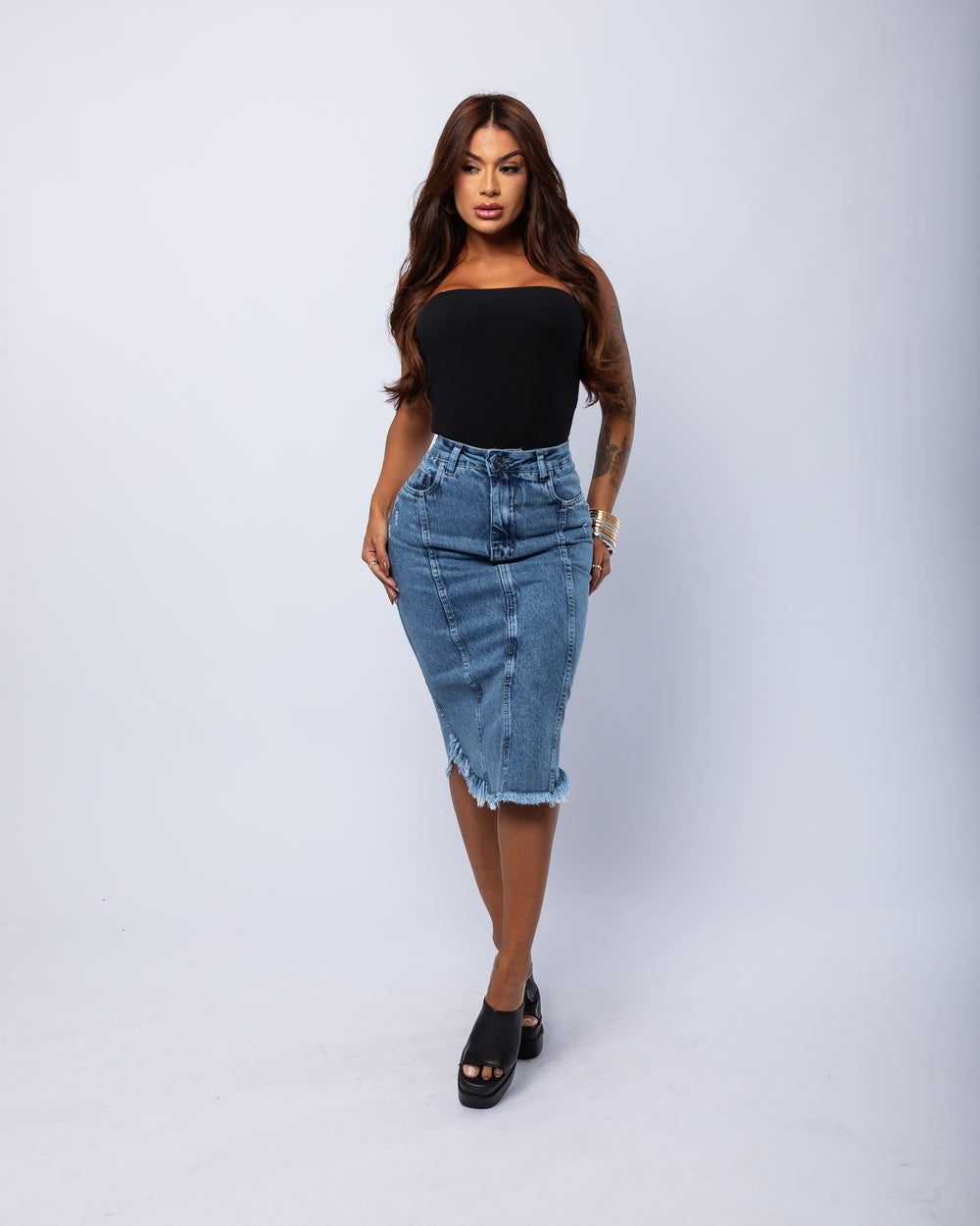 Saia Midi Double Jeans Leandra