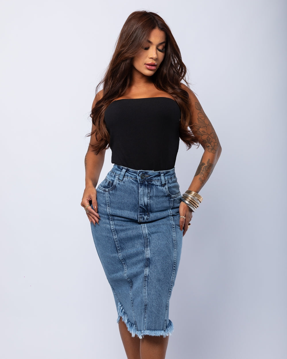 Saia Midi Double Jeans Leandra